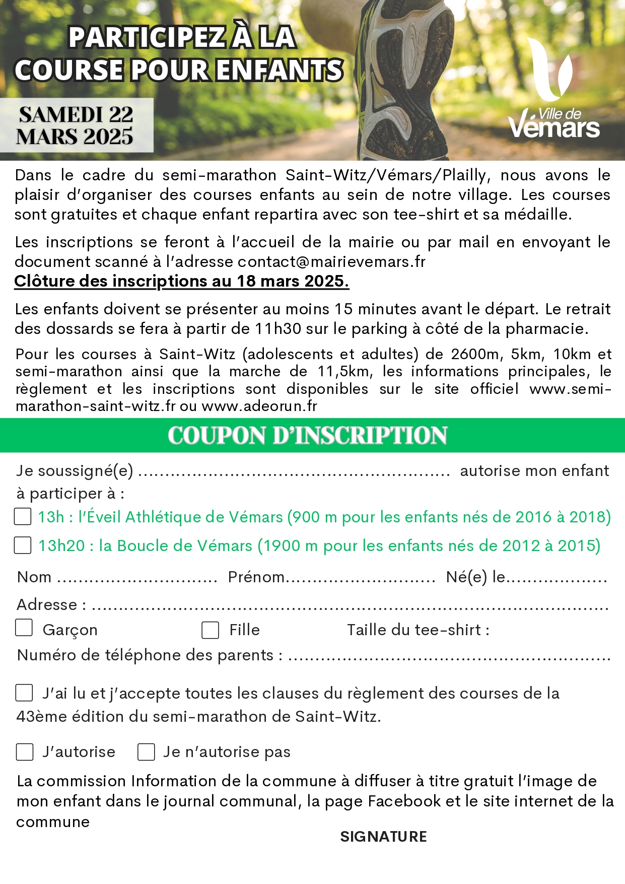 Lire la suite à propos de l’article Inscrivez votre enfant pour les courses du 22 mars  